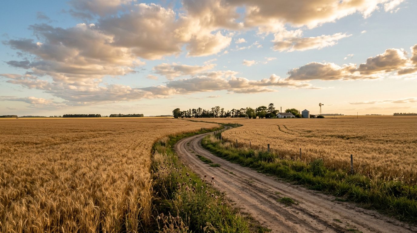Campos de trigo de Villa del Sauce al atardecer
